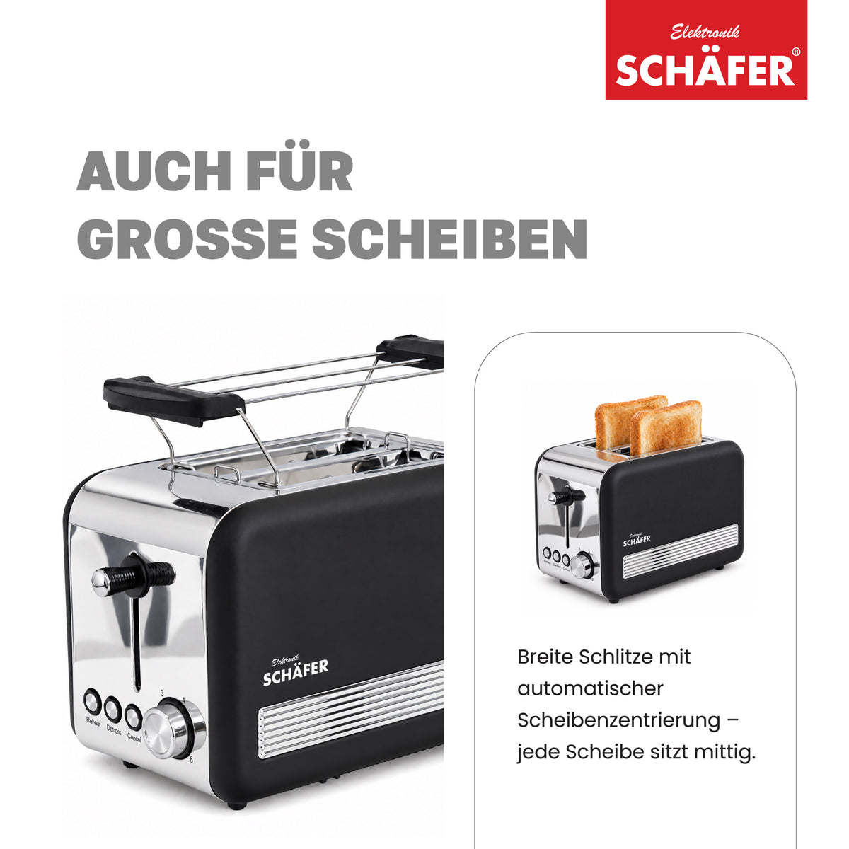 SCHÄFER Edelstahl Toaster 2 Scheiben Cool-Touch Schwarz/Silber 850 Watt – Ansicht 3