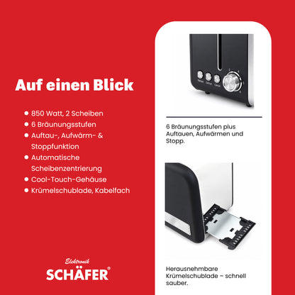 SCHÄFER Edelstahl Toaster 2 Scheiben Cool-Touch Schwarz/Silber 850 Watt – Ansicht 4