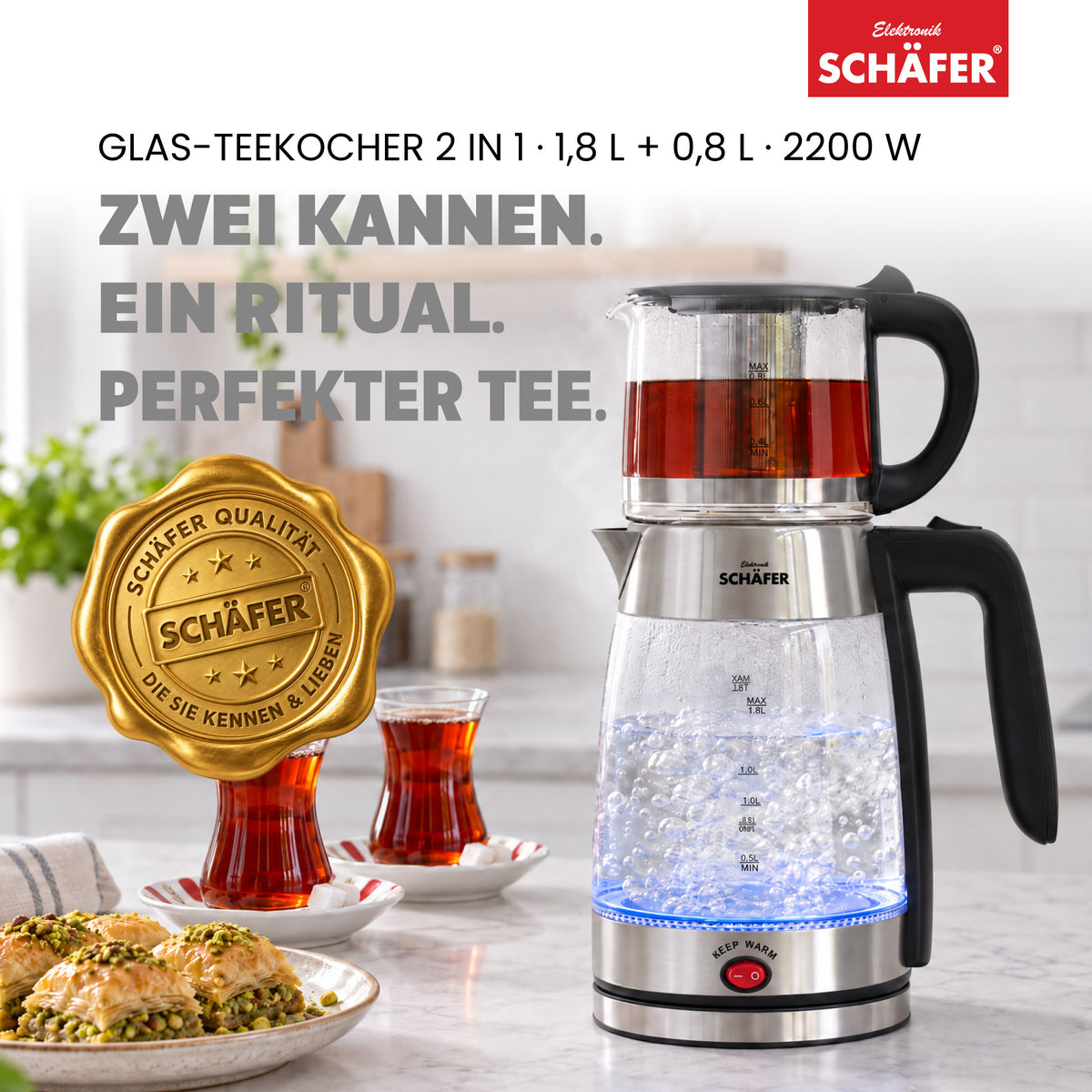 SCHÄFER Borosilikatglas Teekocher 1,8 l Silber Teekanne 0,8 l Art.-Nr. 74268 – Ansicht 2