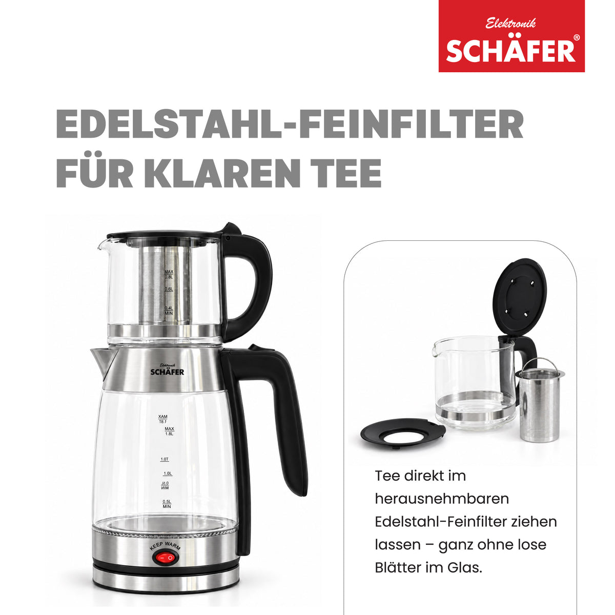 SCHÄFER Borosilikatglas Teekocher 1,8 l Silber Teekanne 0,8 l Art.-Nr. 74268 – Ansicht 3