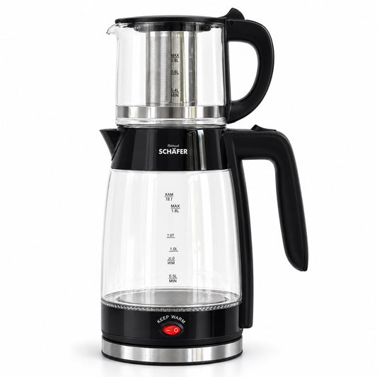 SCHÄFER Borosilikatglas Teekocher 1,8 l Schwarz Teekanne 0,8 l