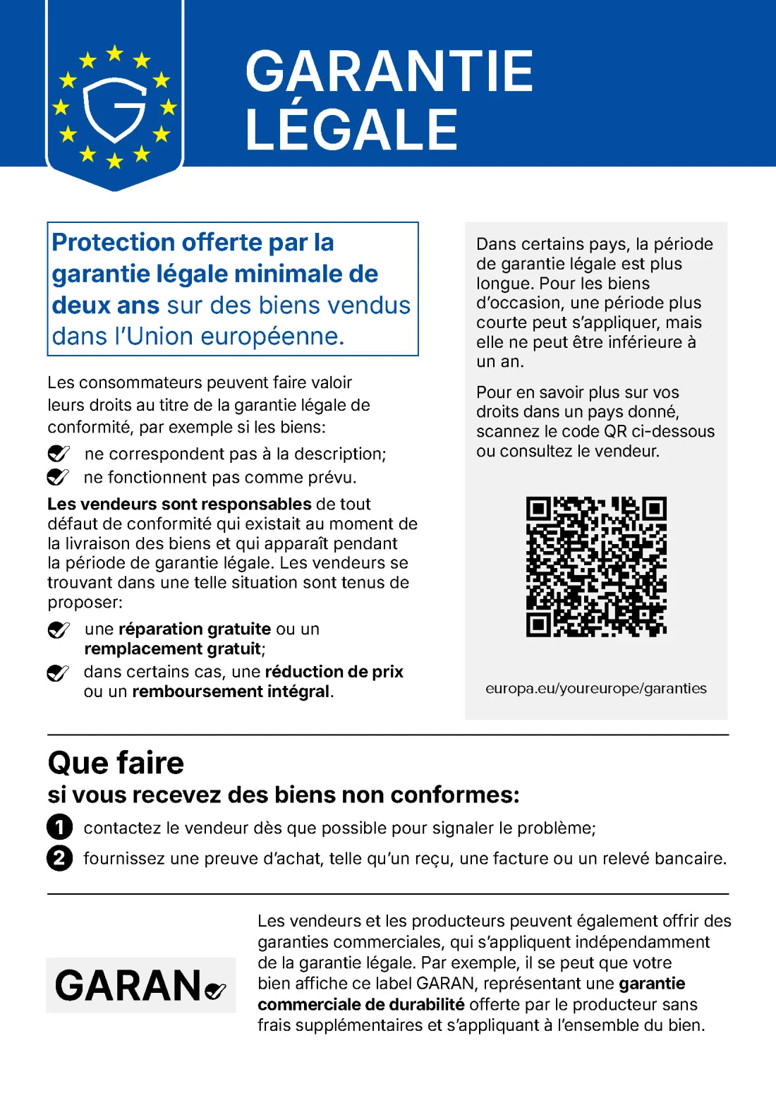 Avis officiel de l’UE : garantie légale